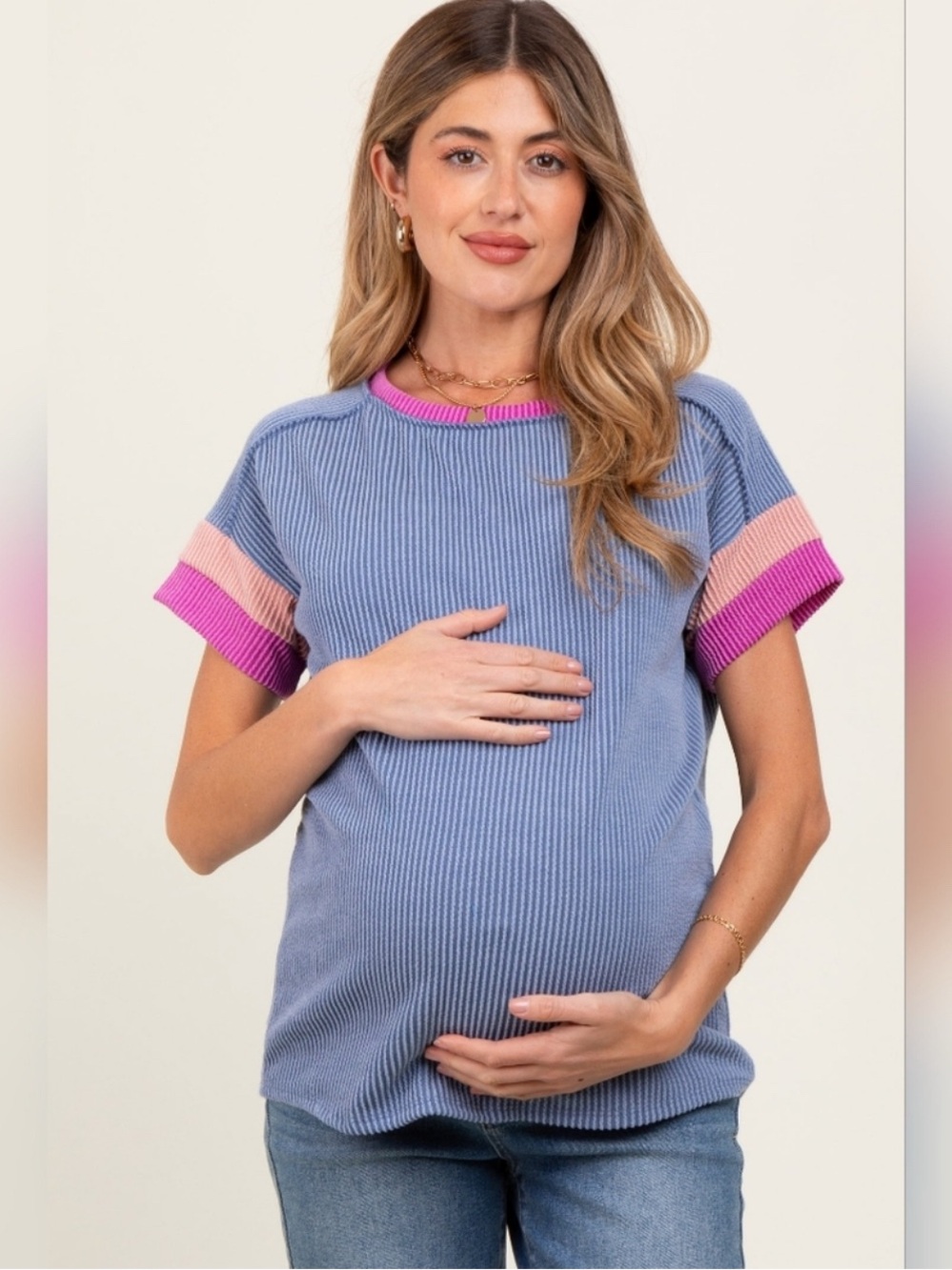 Pinkblush Maternity Colorblock Ribbed Short Sleeve Top